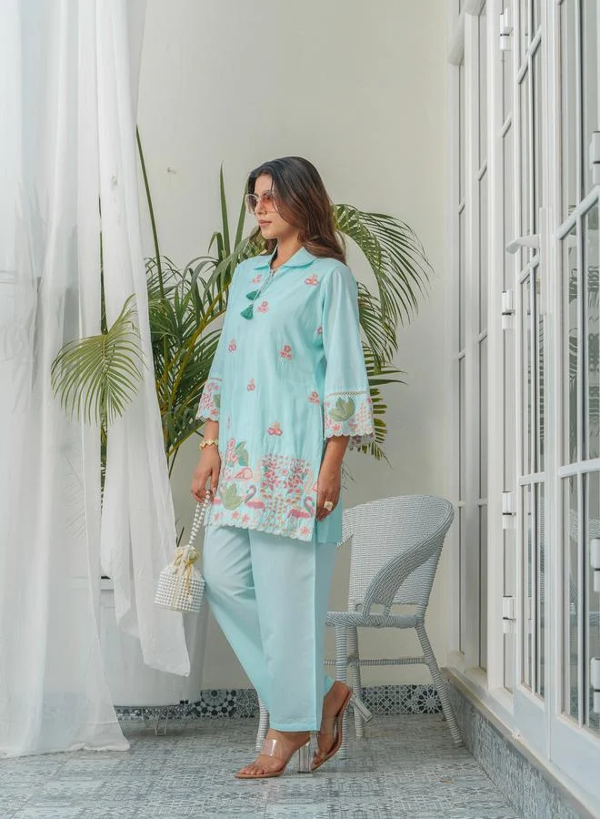 دي دبليو طقم منسق من قميص مطرز وبنطال للنساء